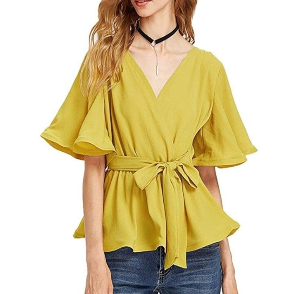 Sugar Lips Yellow Flutter Sleeve Wrap Blouse